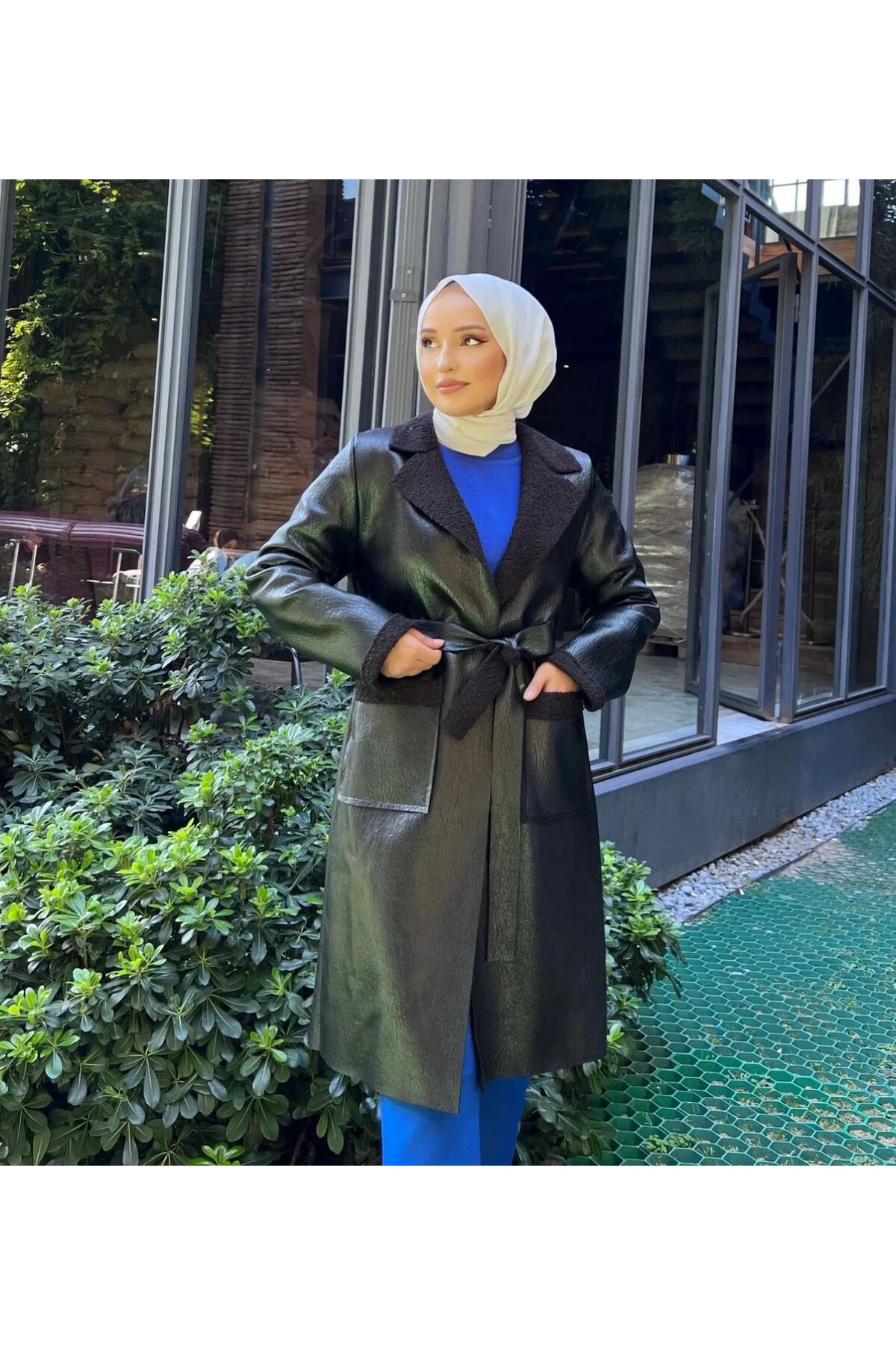 BLACK FUR INSIDE LEATHER COAT WITH WAIST BELT