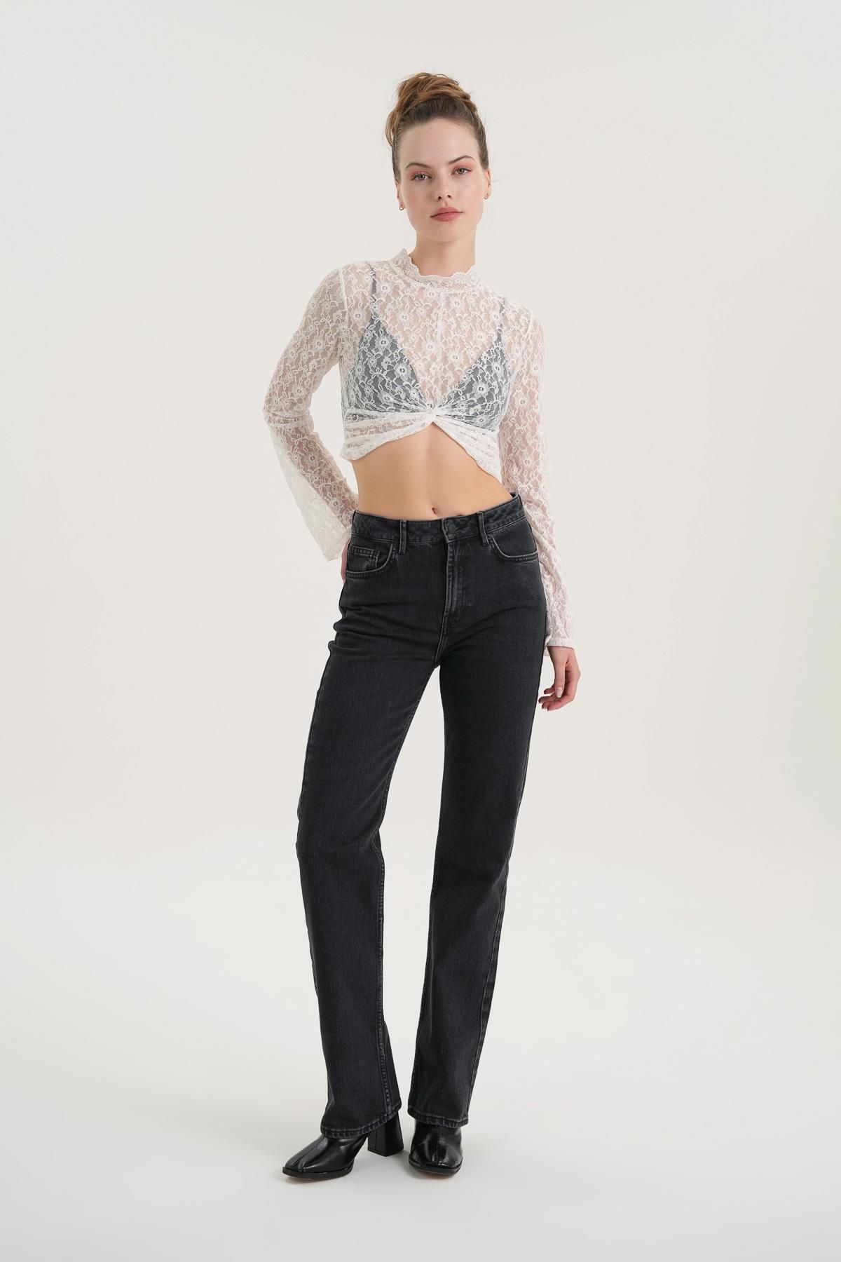 pantalon jean vintage à taille haute et fermeture éclair anthracite c 4931 005
