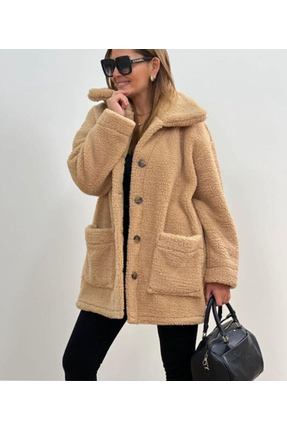 machiavelli Kadın Peluş Bej Düğmeli Uzun Ceket