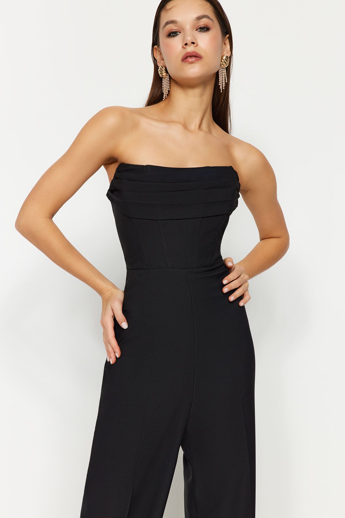 Trendyol Collection-Black Corset Detailed Woven Jumpsuit TPRSS24TU00002 3