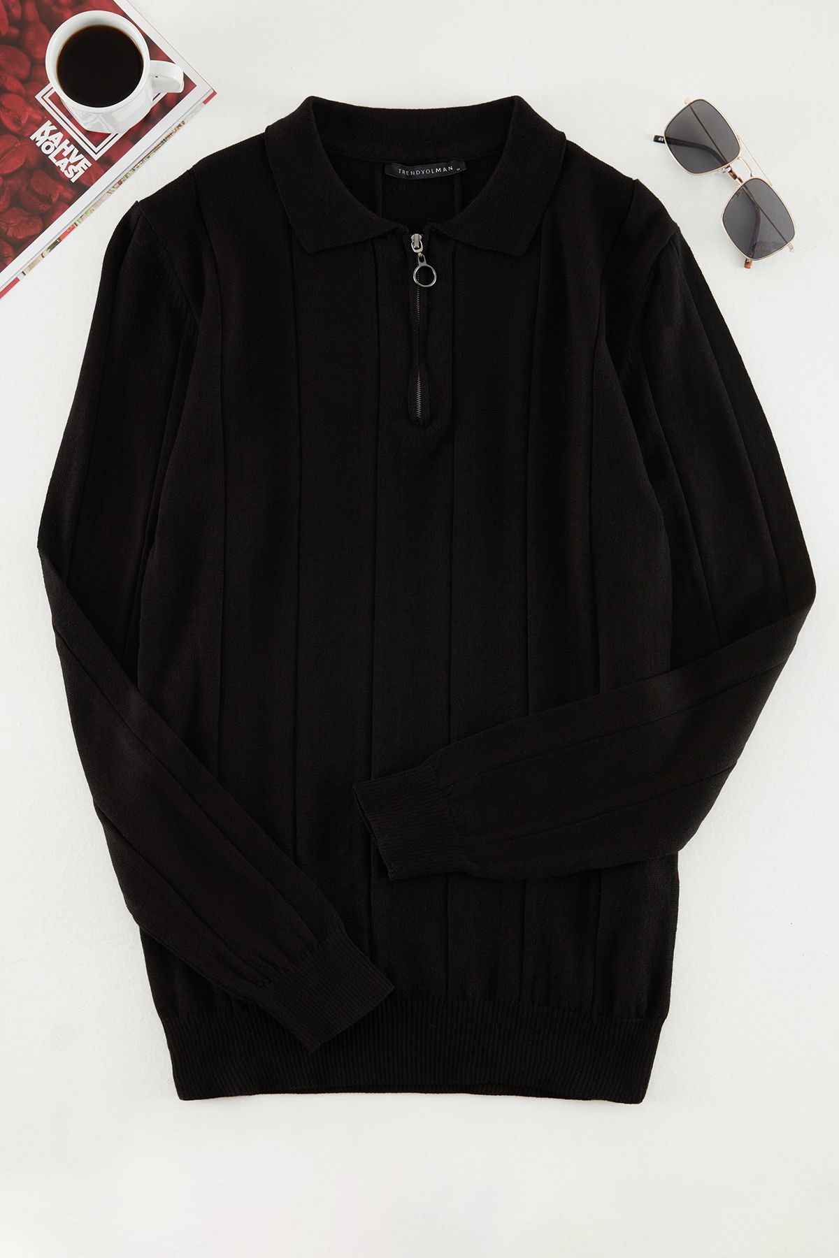 Trendyol Collection Czarny, Dopasowany, Bawełniany, Rozpinany Sweter Polo Z Kołnierzykiem Tmnaw21kz0774 Mężczyzna - XL