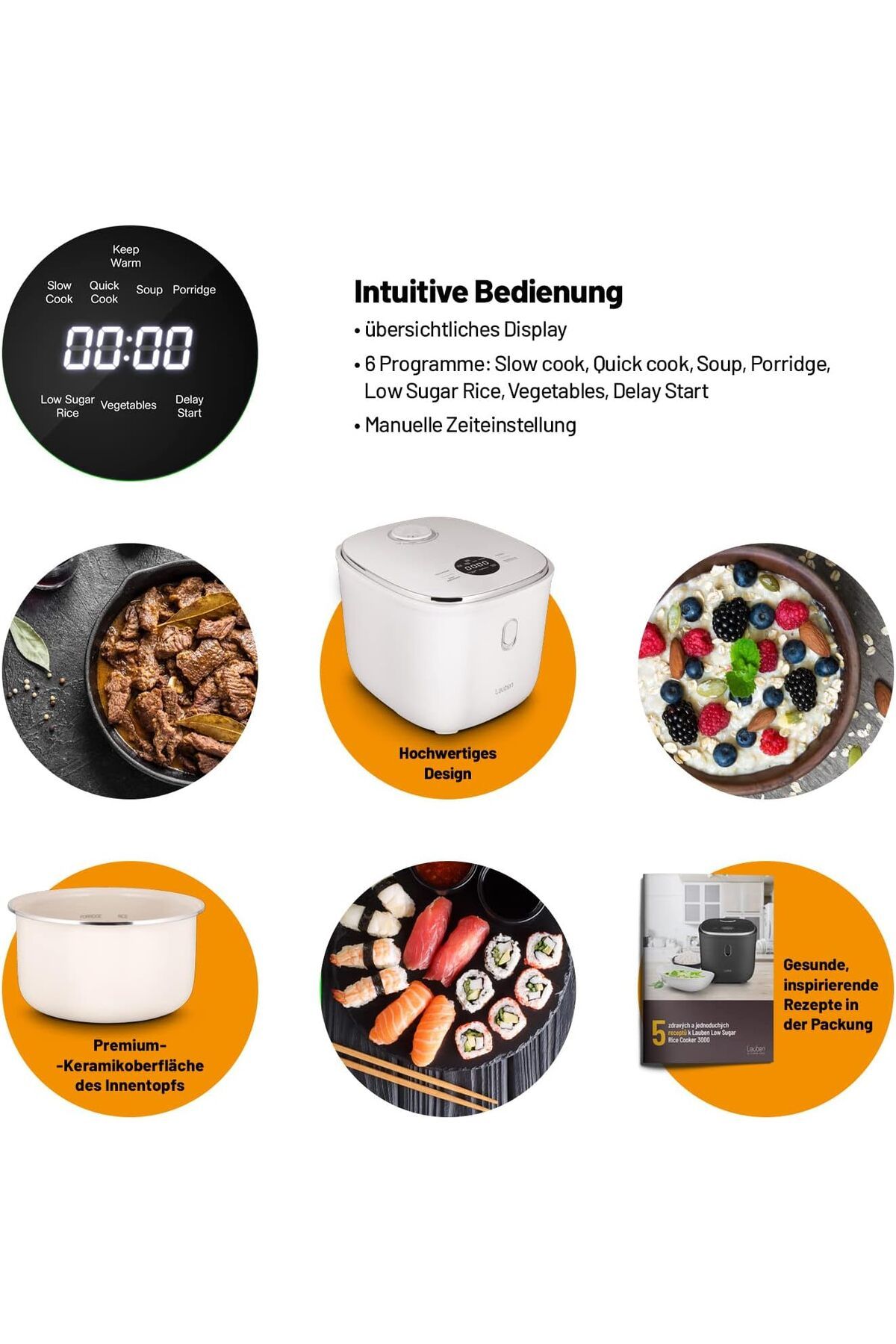 Lauben-3 l Volume, 6 Modes, Delay Start, Warm, Non-Stick Ceramic Surface, Rice Cooker 3
