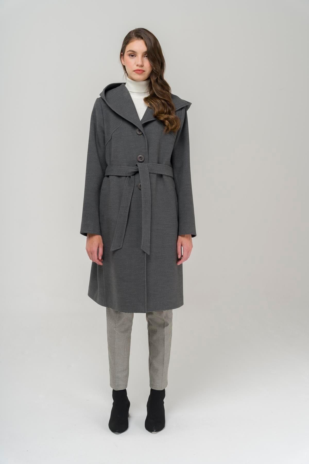 Olcay Hooded Plus Size Coat with Waist Belt DARK GRAY 3920 Trendyol
