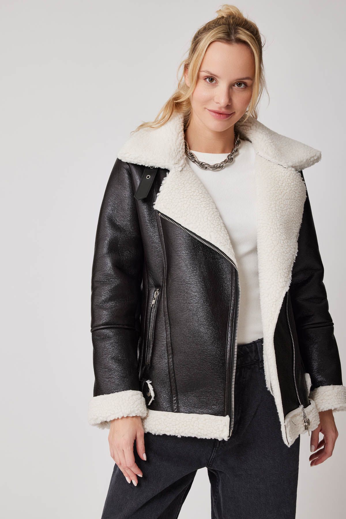 Vitrin Faux Leather Fur Biker Jacket Trendyol