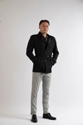 MASERTO Erkek Siyah Slim Fit Kısa Model Trençkot