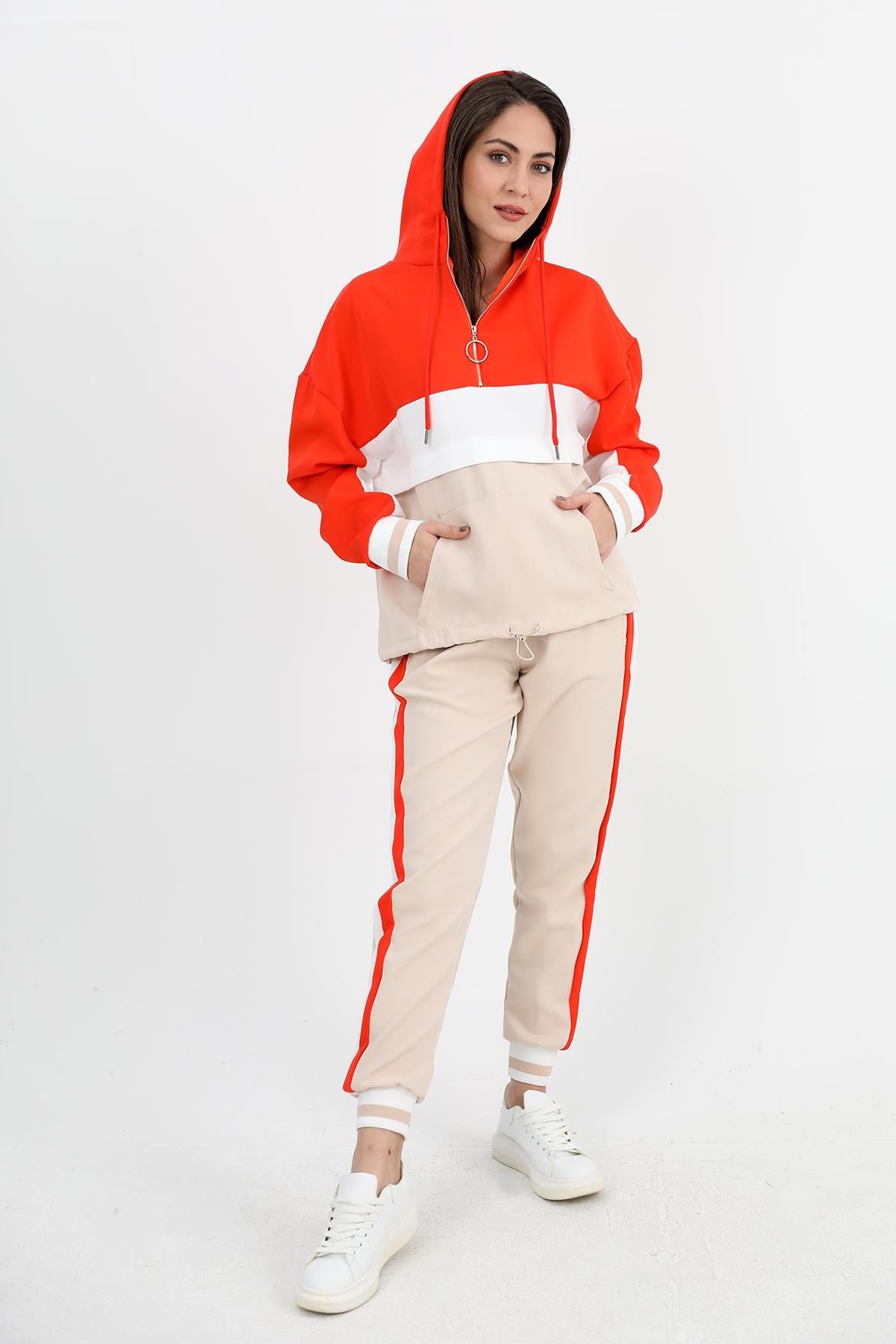 ashwell wear Three Color Zippered Hooded Tracksuit Set Orange