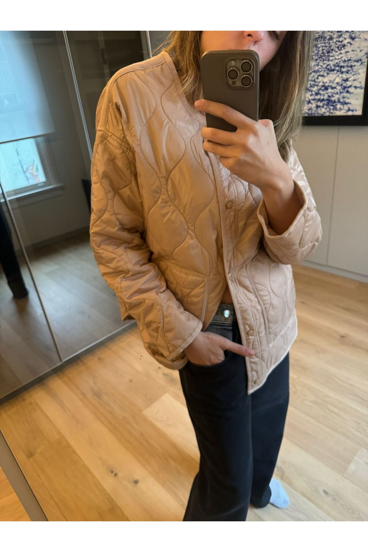 Genel Markalar  Bej Quilt-line Desenli Bisiklet Yaka Mont - Görsel 4