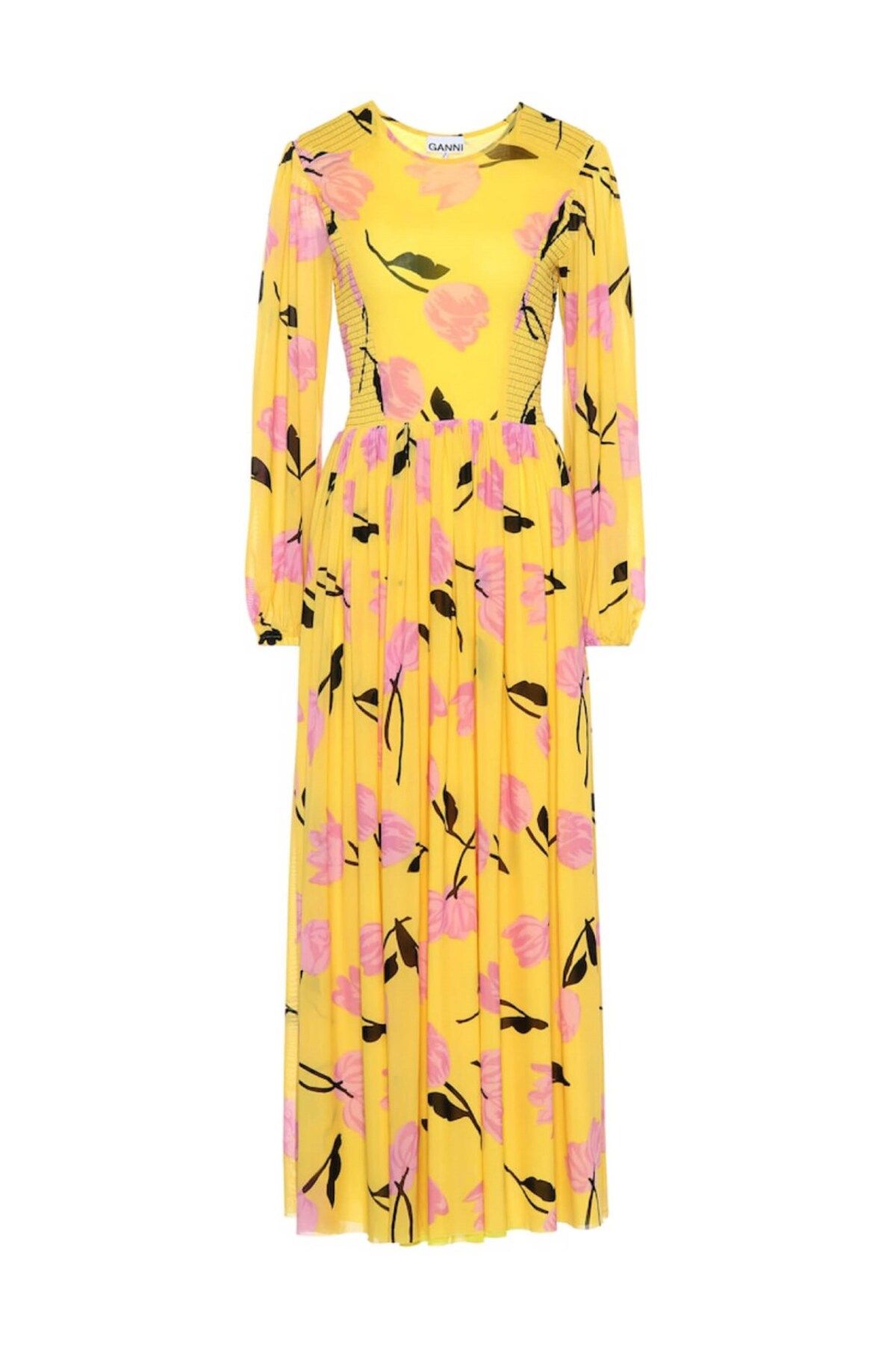GANNI Chiffon Floral Patterned Lined Yellow Long Women s Dress Trendyol