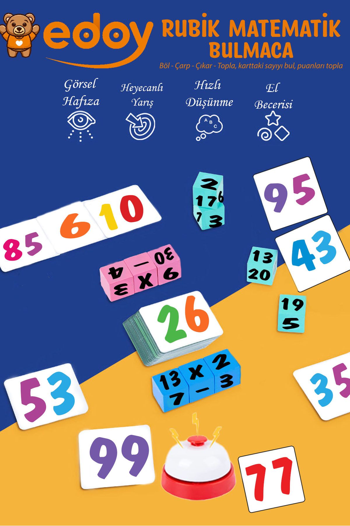 edoy Montessori Eğitici Oyuncaklar-Rubik Matematik Bulmaca Oyunu 16 Küp 40 Kart Ve Zil Eğitici Oyuncak
