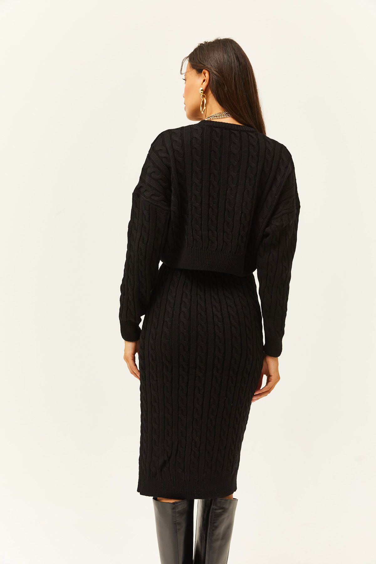 Olalook-Damski czarny top sweter dolna spódnica midi włosy pleciony garnitur TKM-19000247 6