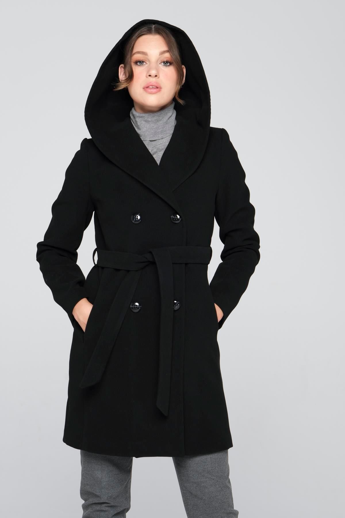 Olcay Zweireihiger Mantel mit Kapuze und Gürtel, Schwarz 3844 - Trendyol