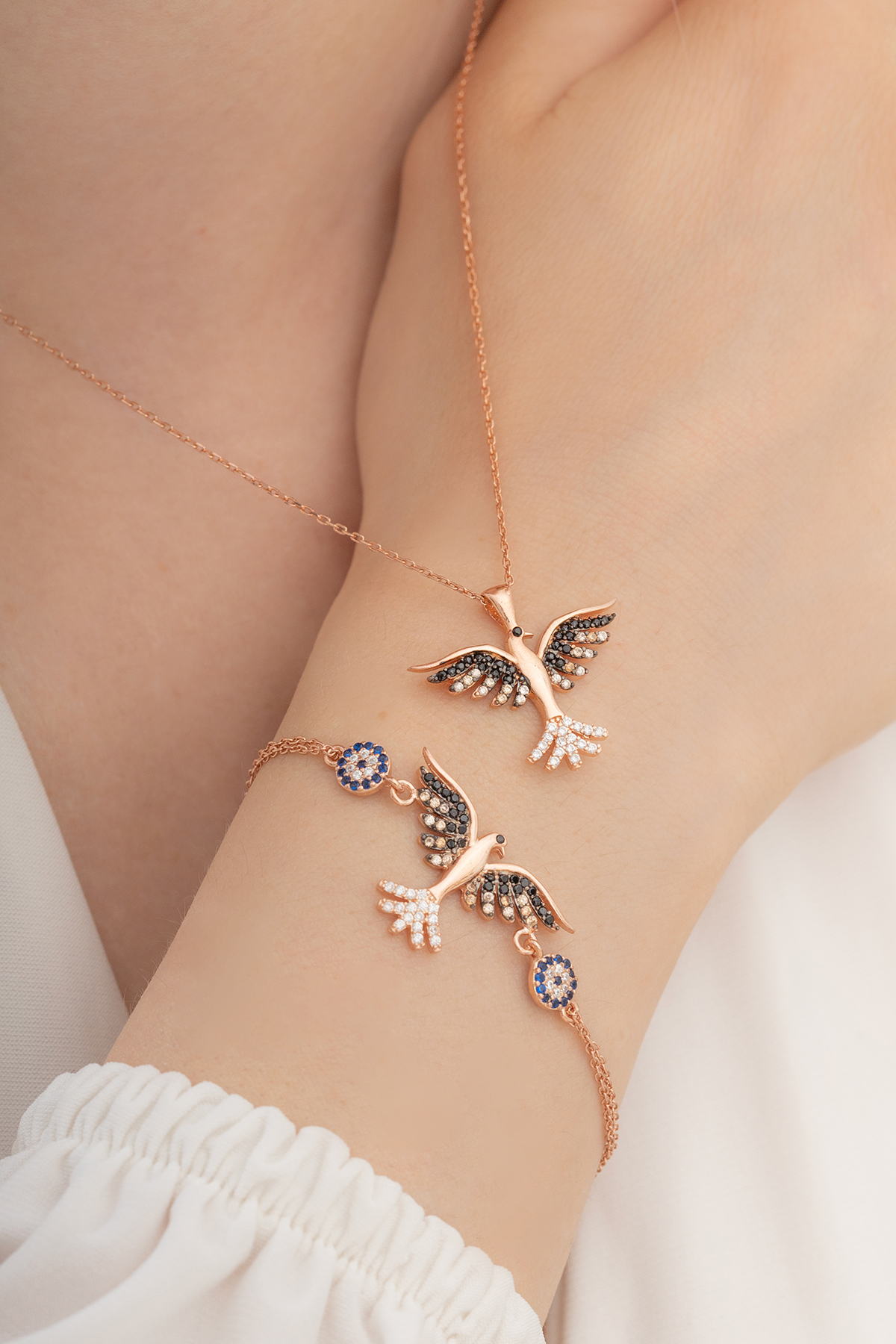 OSMANLI GÜMÜŞ Kadın Gümüş Set - Rose Zümrüdü Anka Kuşu Kolye Bileklik Gümüş Set