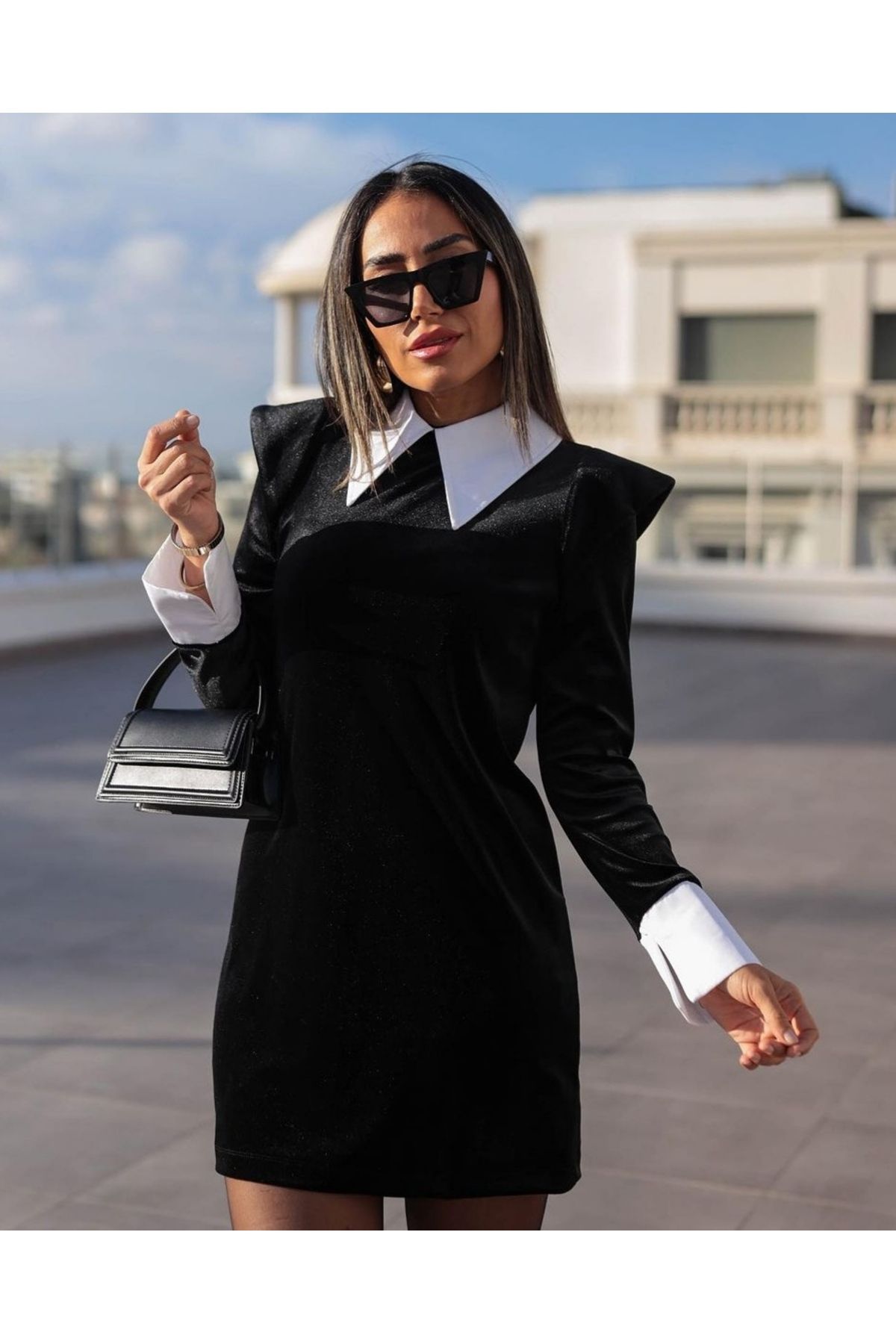 Black velvet white collar dress cheap