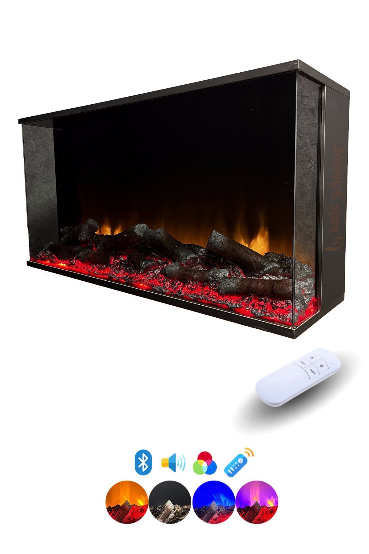 Dekoratif Elektrikli Şömine - 100x35x25 Cm - Kumanda, Bluetooth Hoparlör ve Odun Sesi
