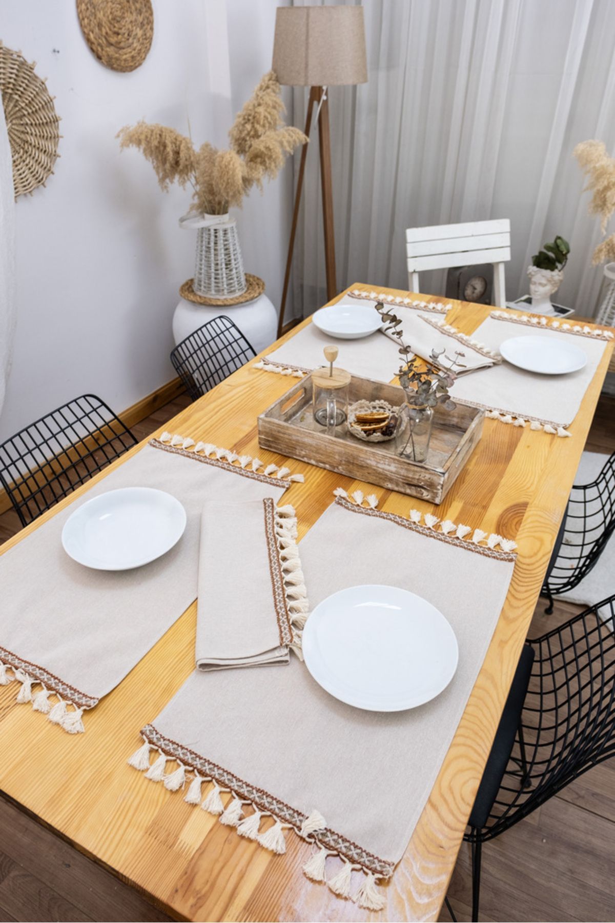 NDC HOME Serviciu American Cu Pompon Cafea De Culoare Bej, 6 Piese - One Size