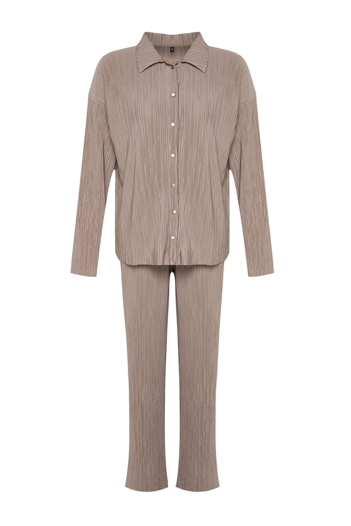 Trendyol Collection-Mink Pleated Regular Buttoned Knitted Top and Bottom Set TWOAW24AU00073 7