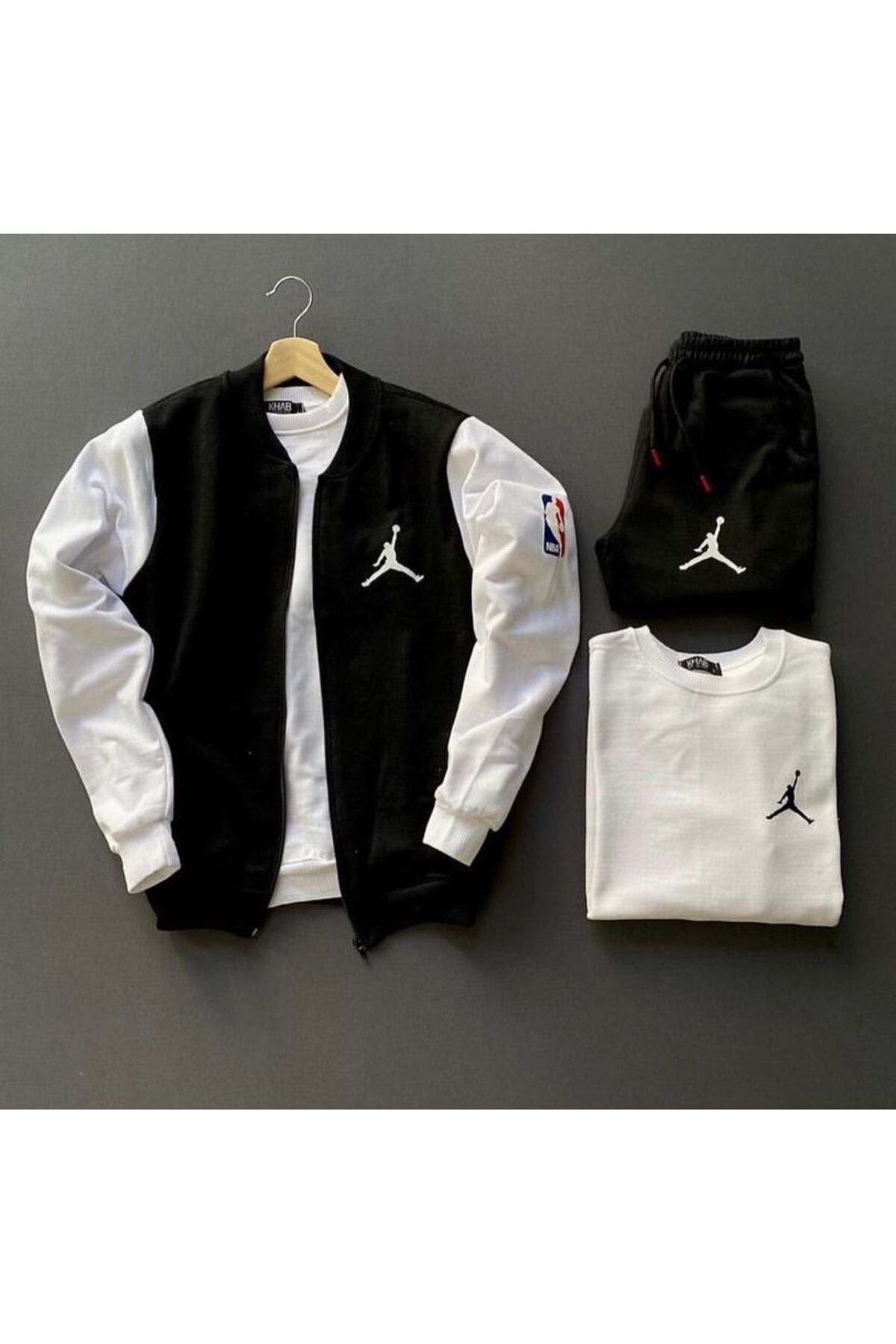 No Plan 3 piece combination college jacket black sweatpants crew