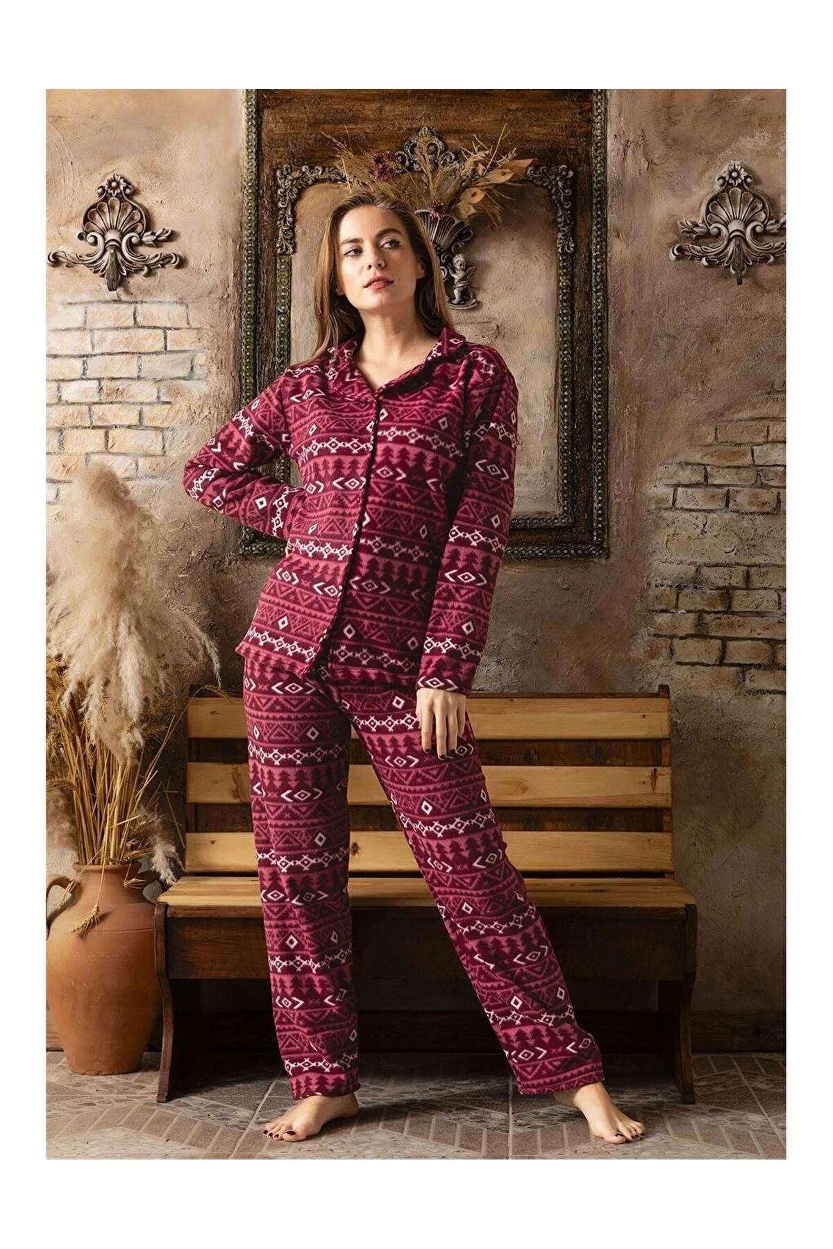 Sude Women's Shirt Collar Fleece Pajama Set M901 - 1 Piece - Trendyol