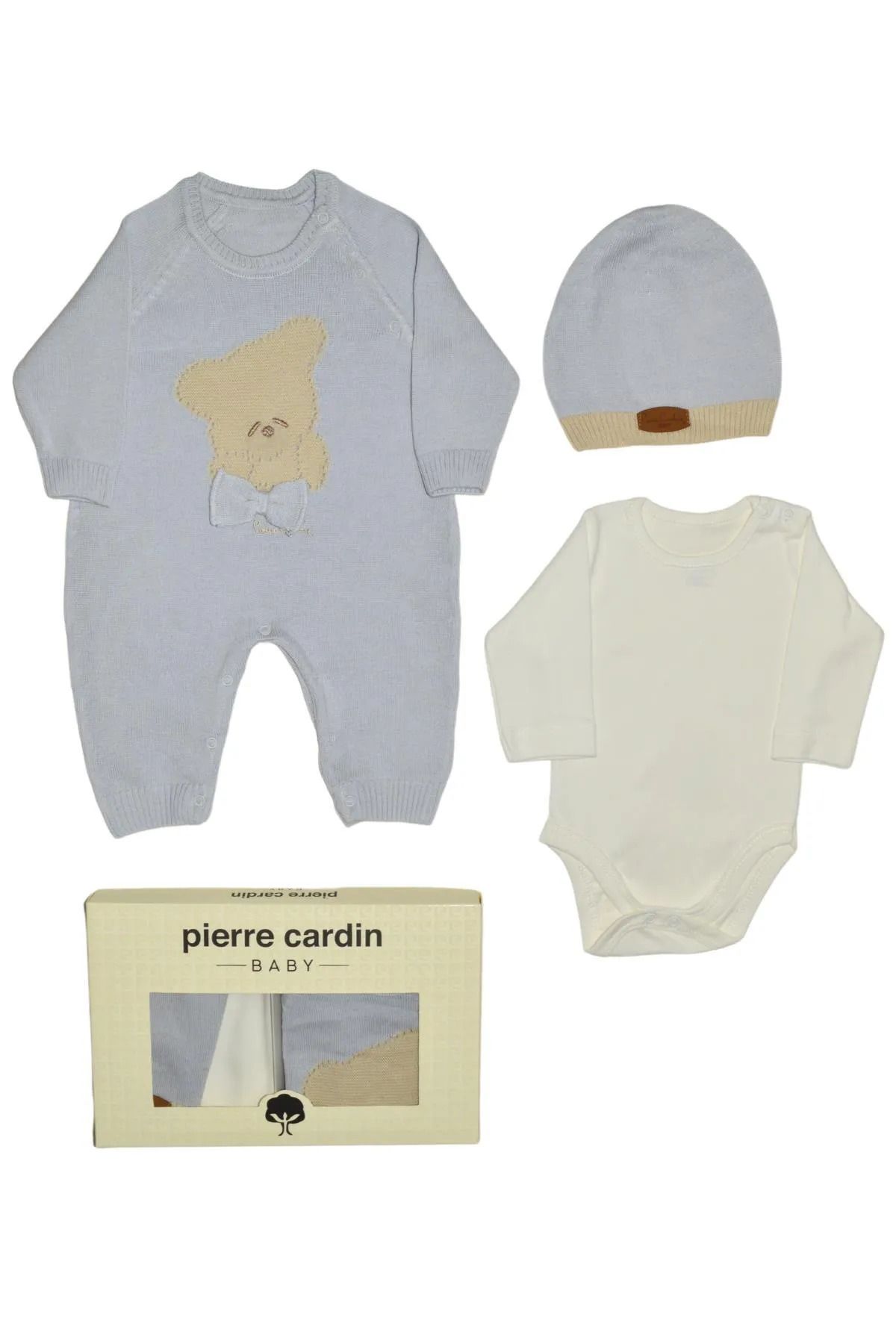 لباس بیمارستانی نوزاد آبی پسرانه و دخترانه بچگانه بافتنی سرهمی بدنه ست ریلیز بیمارستان Beanie Pierre Cardin