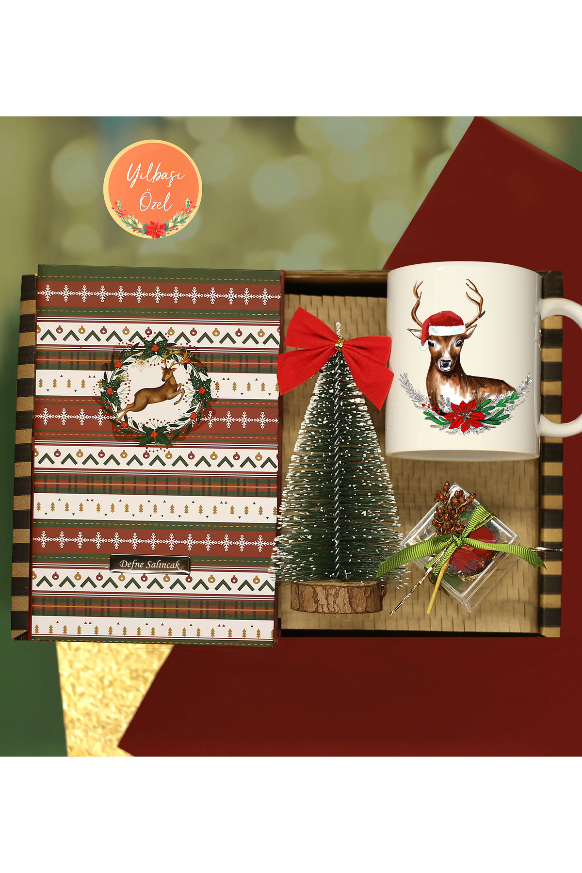NEW YEAR'S SPECIAL Personalized New Year's Themed Notebook & Deer Mug & Mini Christmas Tree & Rock Candy Sets