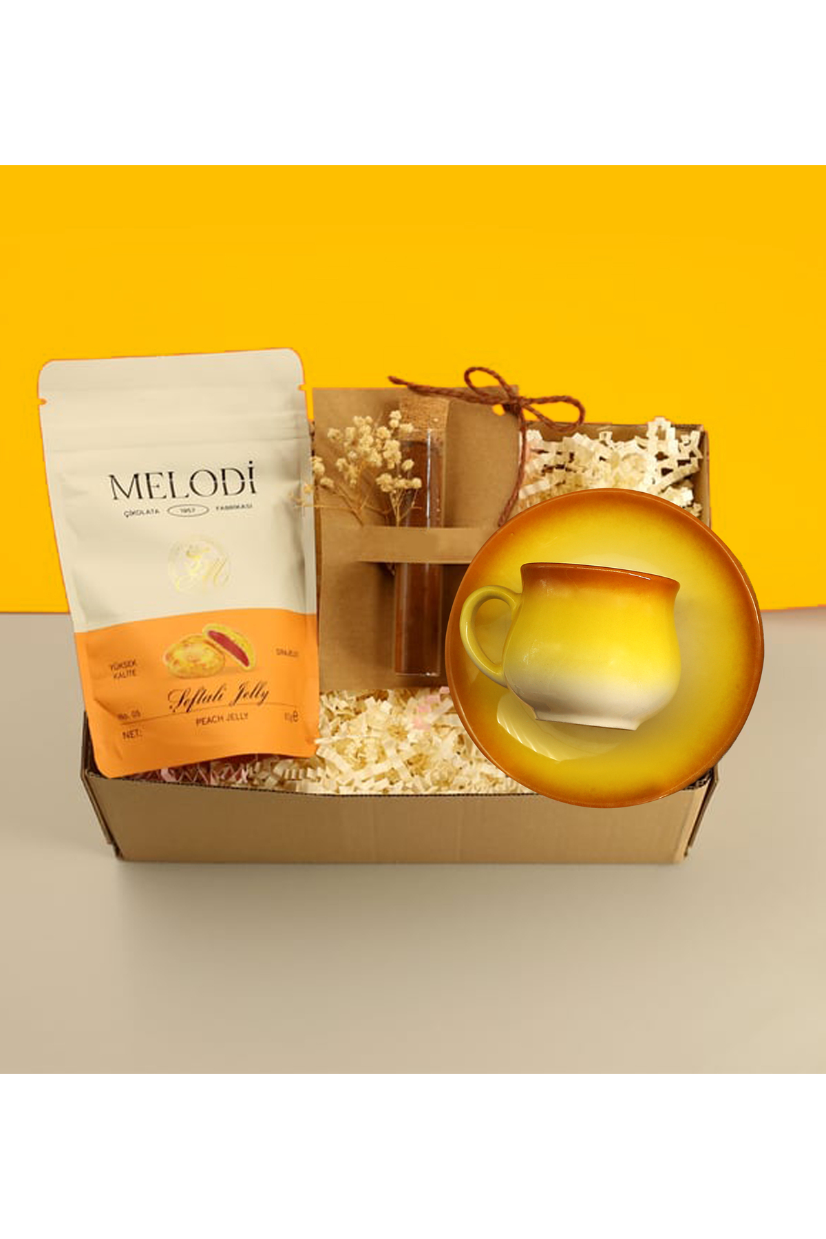 Yellow Color Vintage Cup & Card Turkish Coffee & Melodi Dragee Gift Set