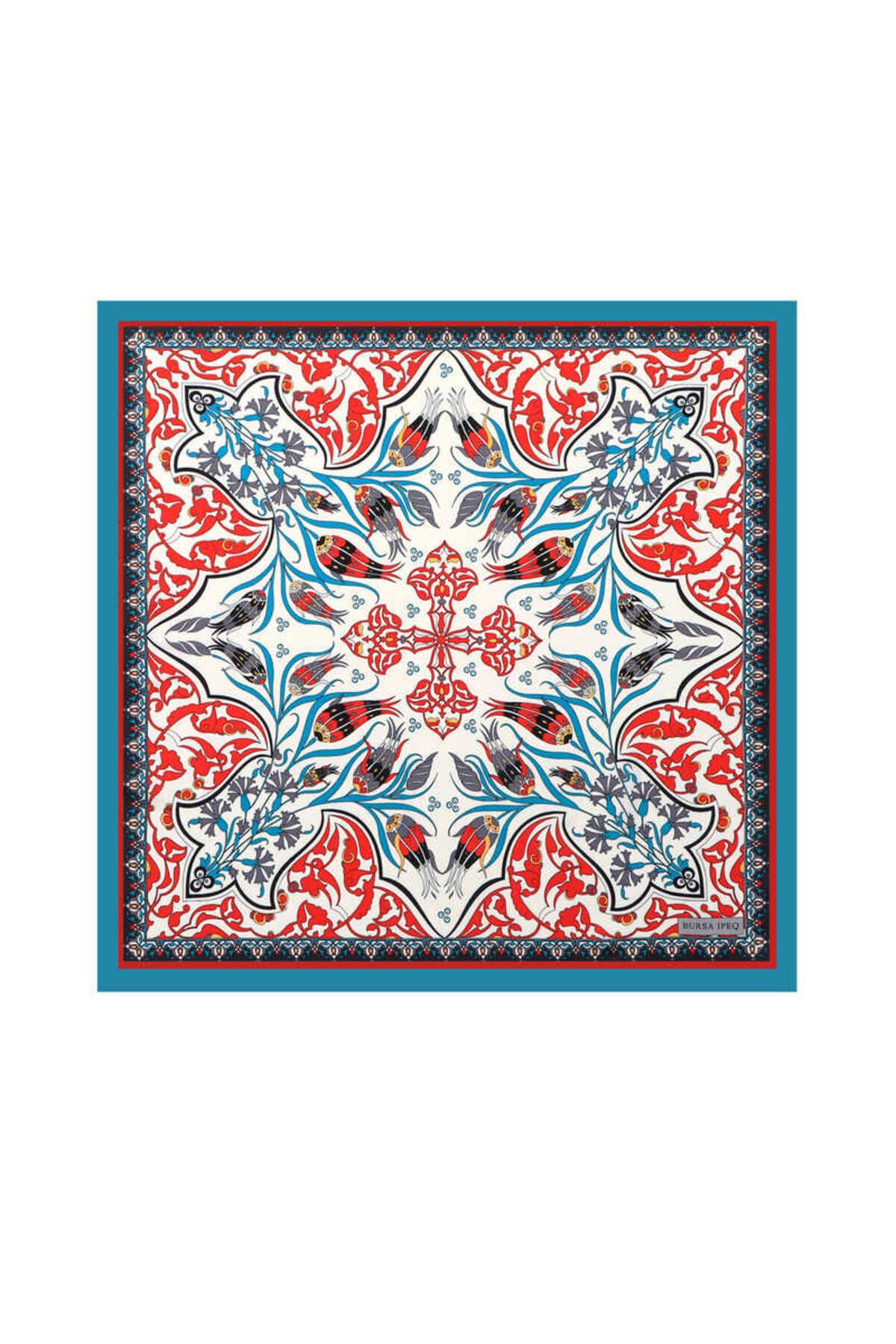 Bursa İpek-Turquoise Çintemani Carnation Pattern Silky Handkerchief 1
