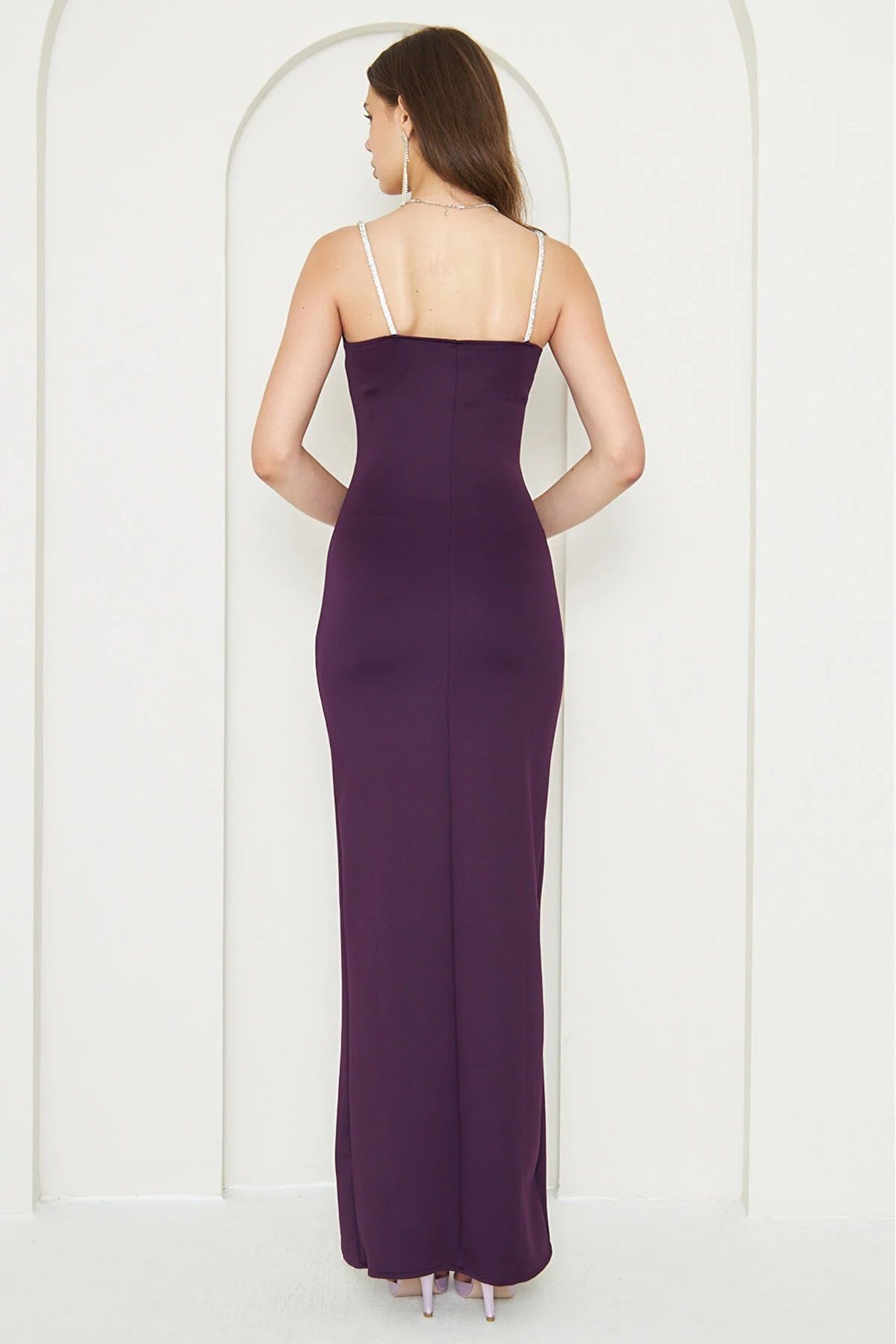 WOMAN VISION-Scuba Fabric Stone Λεπτομερές Maxi Φόρεμα Plum - Χαμηλό μπούστο και σκίσιμο 582513 3