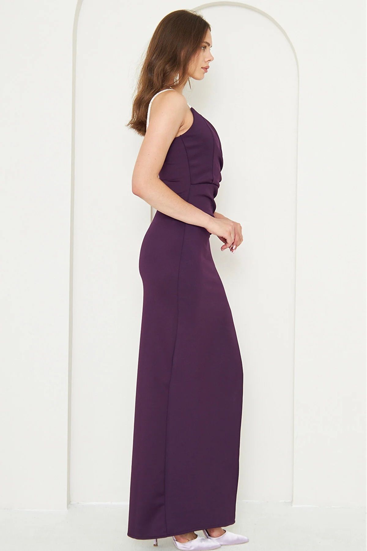 WOMAN VISION-Scuba Fabric Stone Λεπτομερές Maxi Φόρεμα Plum - Χαμηλό μπούστο και σκίσιμο 582513 4