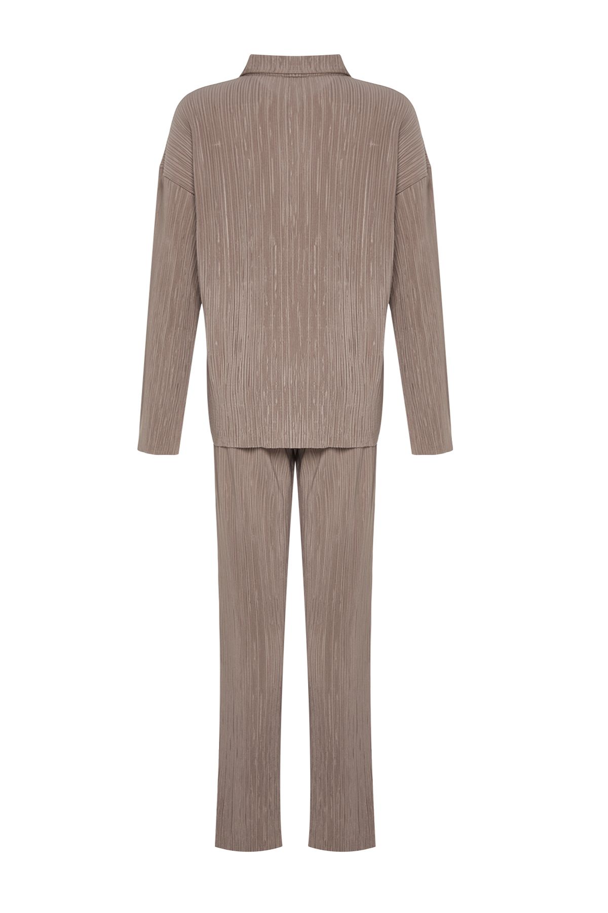 Trendyol Collection-Mink Pleated Regular Buttoned Knitted Top and Bottom Set TWOAW24AU00073 8