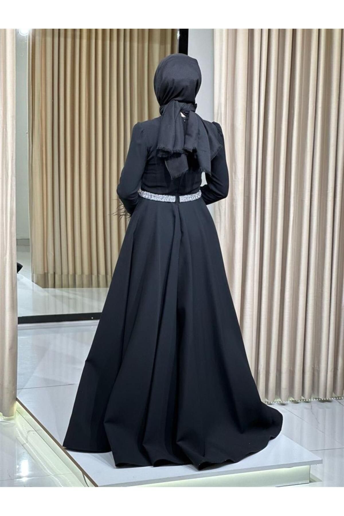 Kaleiçi Yıldızlar-Stars New Season Hijab Waist-Sitting Waist Belted Sleeves Feather Evening Dress 526black 4