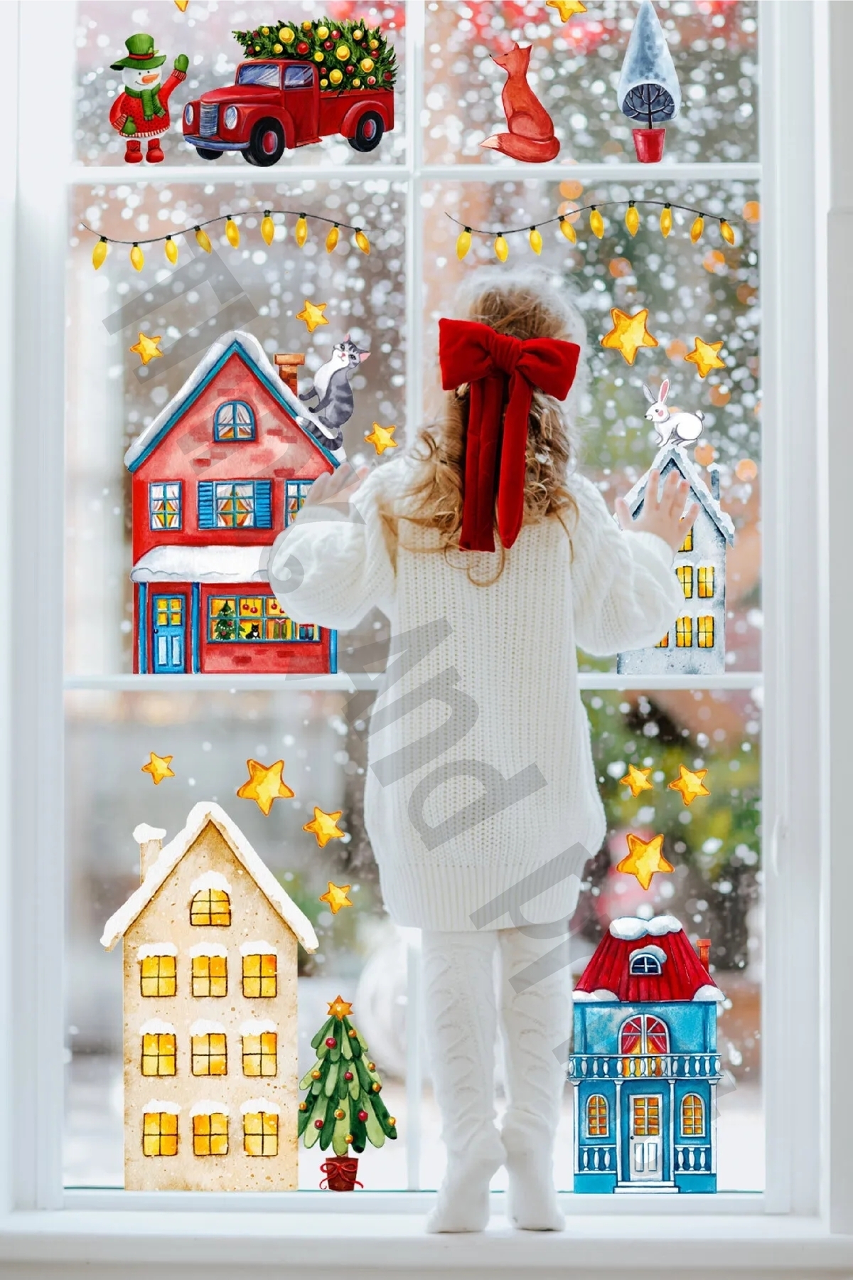 Snowy Houses Christmas Tree Christmas Lights Christmas Tree Cute Animals Kids Room Wall Sticker