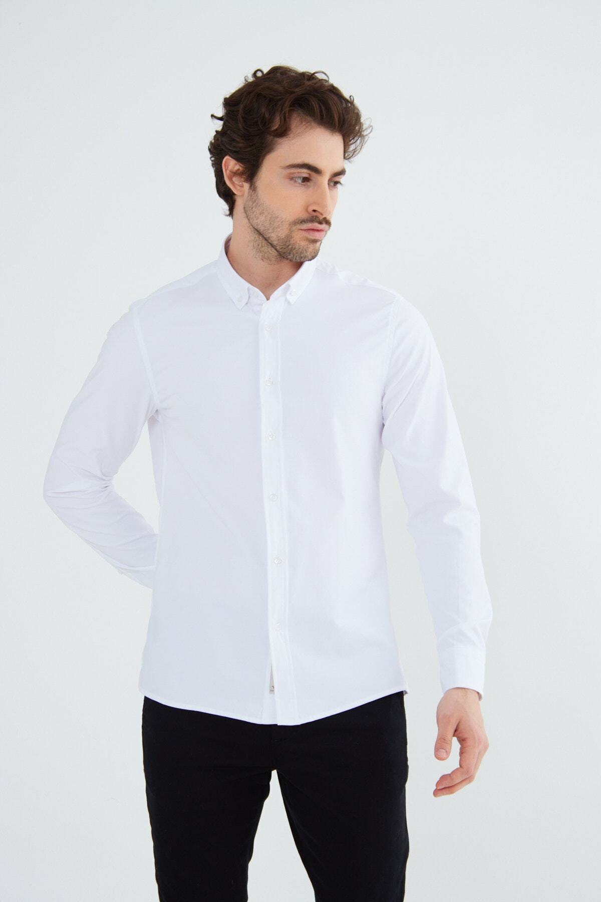 RAVANELLI-Λευκό Slimfit Cotton Oxford Lycra γιακά με κουμπιά μακρυμάνικο ανδρικό πουκάμισο G490 5