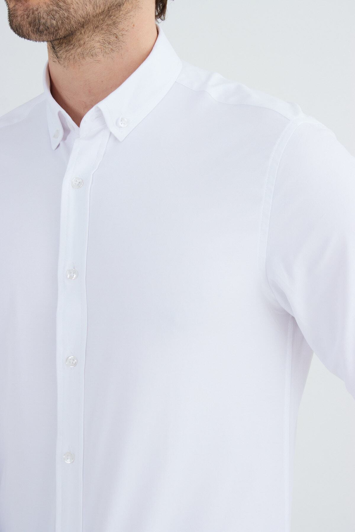 RAVANELLI-Λευκό Slimfit Cotton Oxford Lycra γιακά με κουμπιά μακρυμάνικο ανδρικό πουκάμισο G490 6