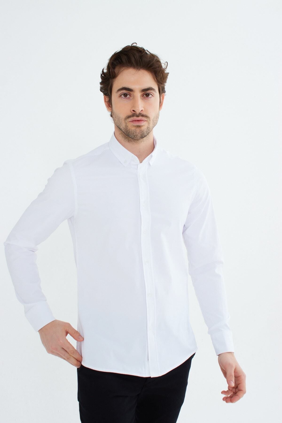 RAVANELLI-Λευκό Slimfit Cotton Oxford Lycra γιακά με κουμπιά μακρυμάνικο ανδρικό πουκάμισο G490 3