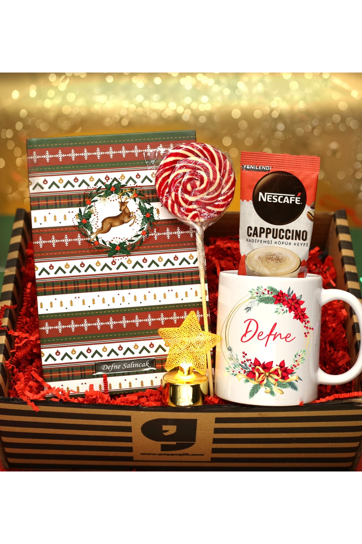 NEW YEAR'S SPECIAL Personalized New Year's Themed Notebook & Printed Mug & Candy & Cappuccino & Star LED Gift Set