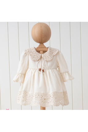 DIDuStore Dantel Yaka ve Etek Detaylı Vintage İlhamlı Bej Kız Bebek Elbisesi