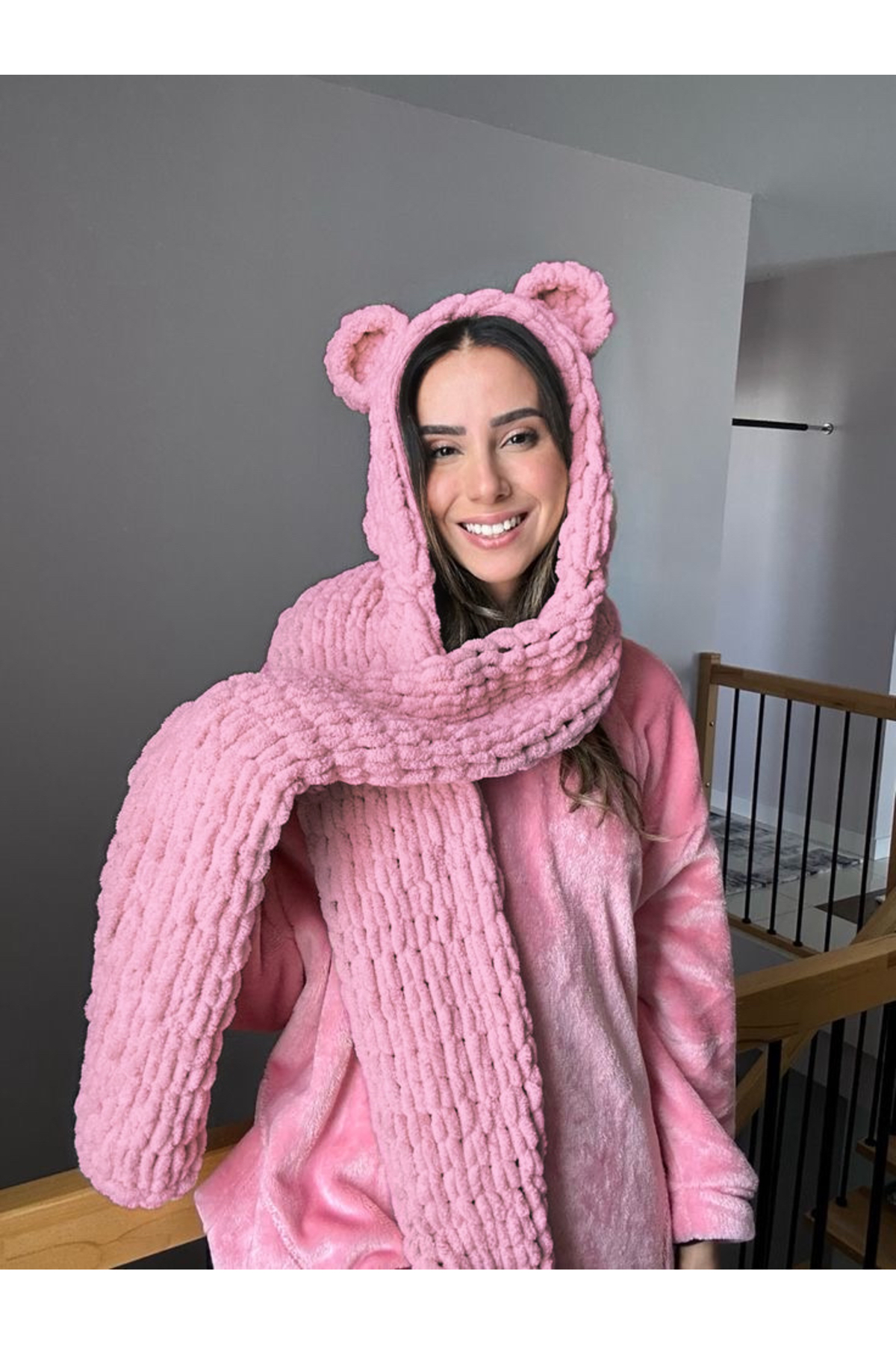 ALARA REYHAN Handmade Örgü Pembe Atkılı Bere