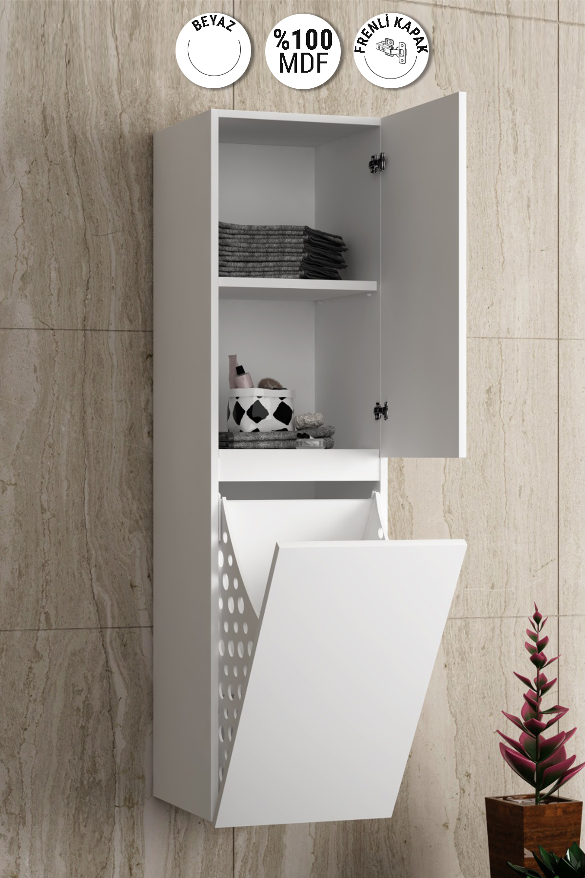 ÖZCEDEN Yıldız 35*130 Cm Beyaz Mdf Sepetli Asma Banyo Boy Dolabı