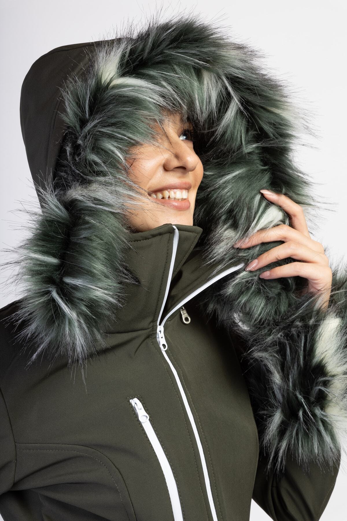 serpildinc Sd Yeşil Kürk Kapüşonlu Haki Kayak Tulum