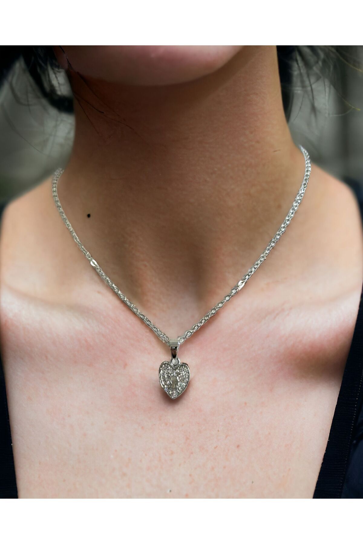Mixperi-Zircon Stone White Chain Heart Model Necklace Heart Key Pattern Necklace 6
