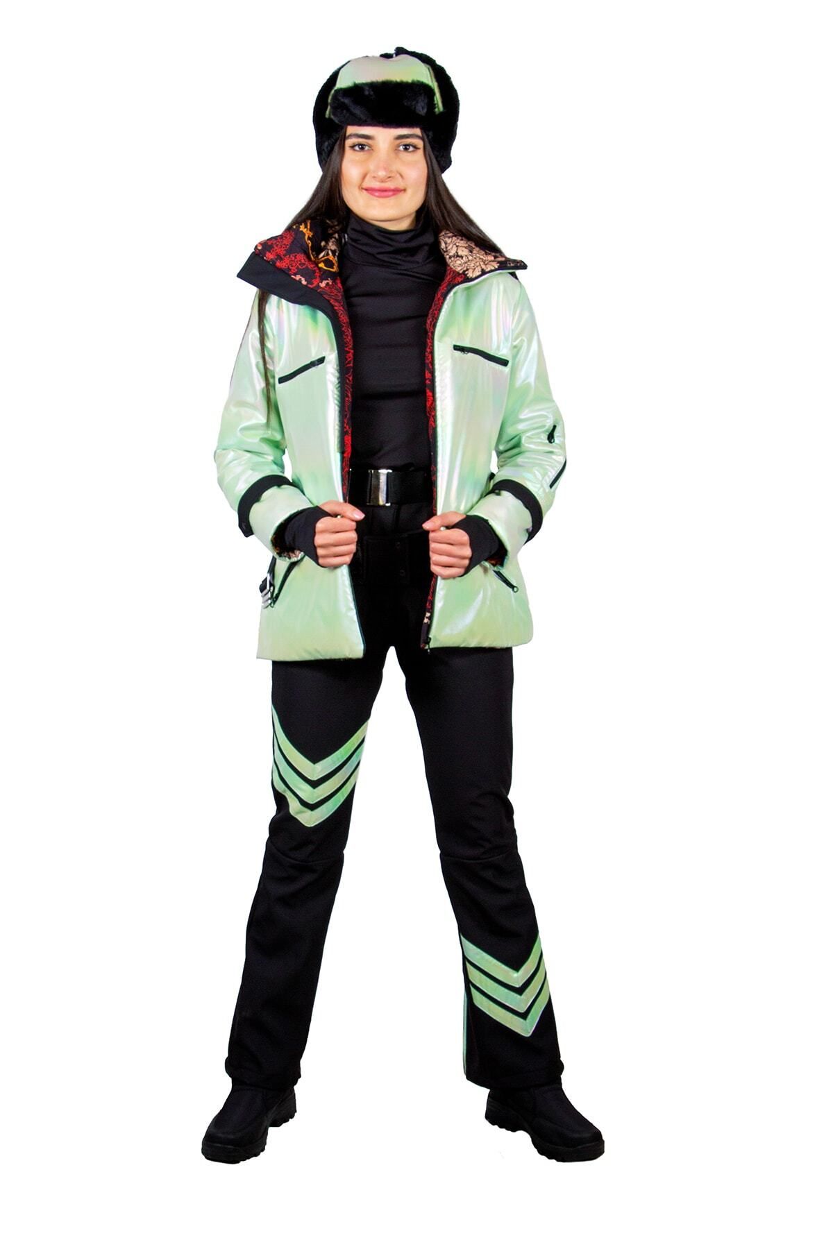 serpildinc Kadın Siyah Neon Mint Yeşili Şeritli Kayak Pantolonu