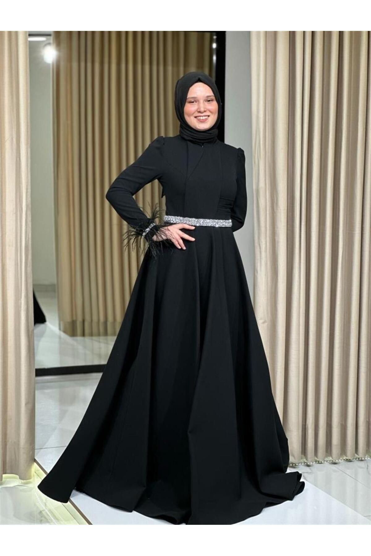 Kaleiçi Yıldızlar-Stars New Season Hijab Waist-Sitting Waist Belted Sleeves Feather Evening Dress 526black 3