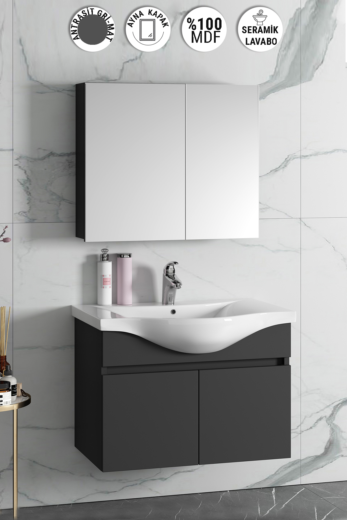 ÖZCEDEN Yıldız 80 cm Antrasit Gri Mat MDF Seramik Lavabolu Asma Banyo Dolabı Takımı