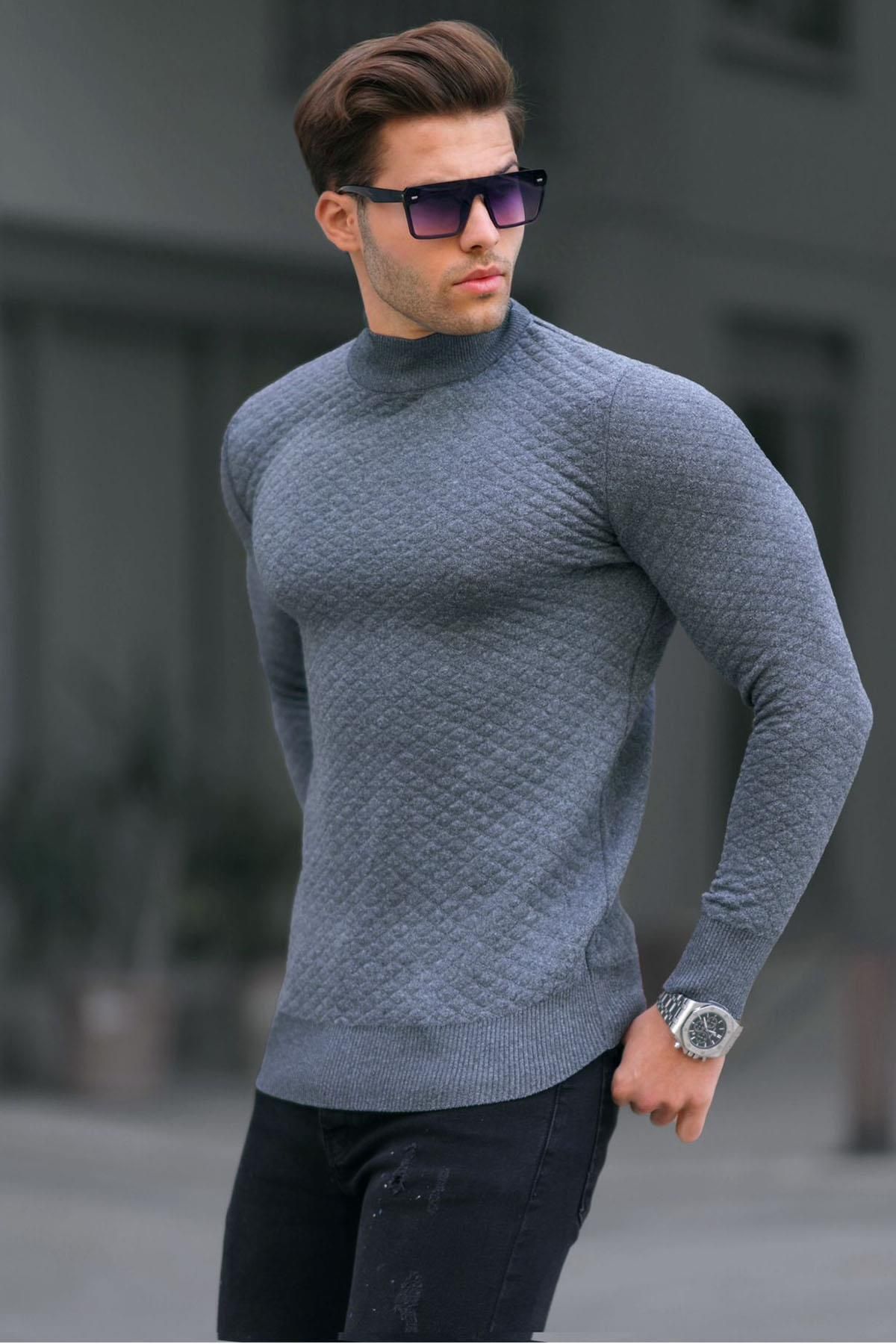 ژاکت بافتنی مردانه یقه اسکی آنتراسیت 6857 Madmext