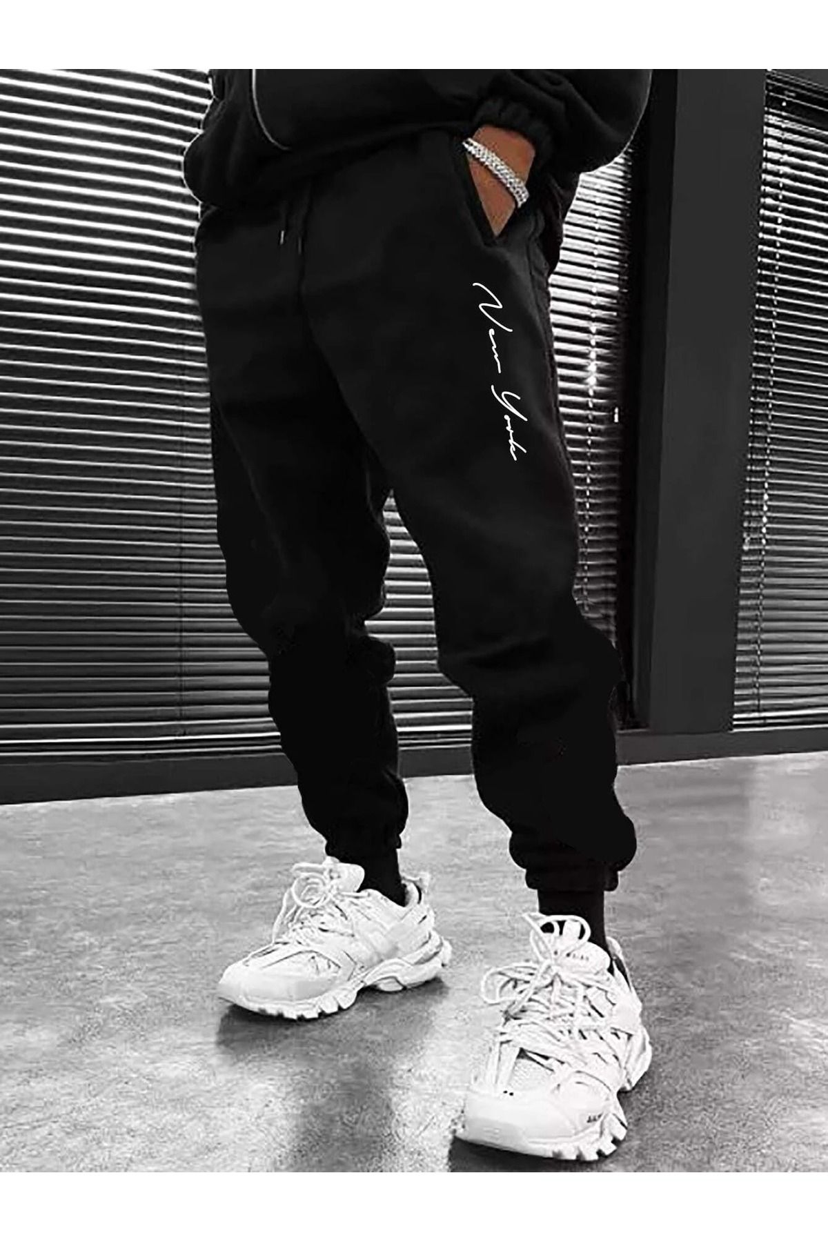 Boi Pantaloni De Sport De Iarnă Supradimensionați Pentru Bărbați Negri Jogger Cu 3 Fire Din Lână - Picior Din Cauciuc Imprimat New York Unisex - XL
