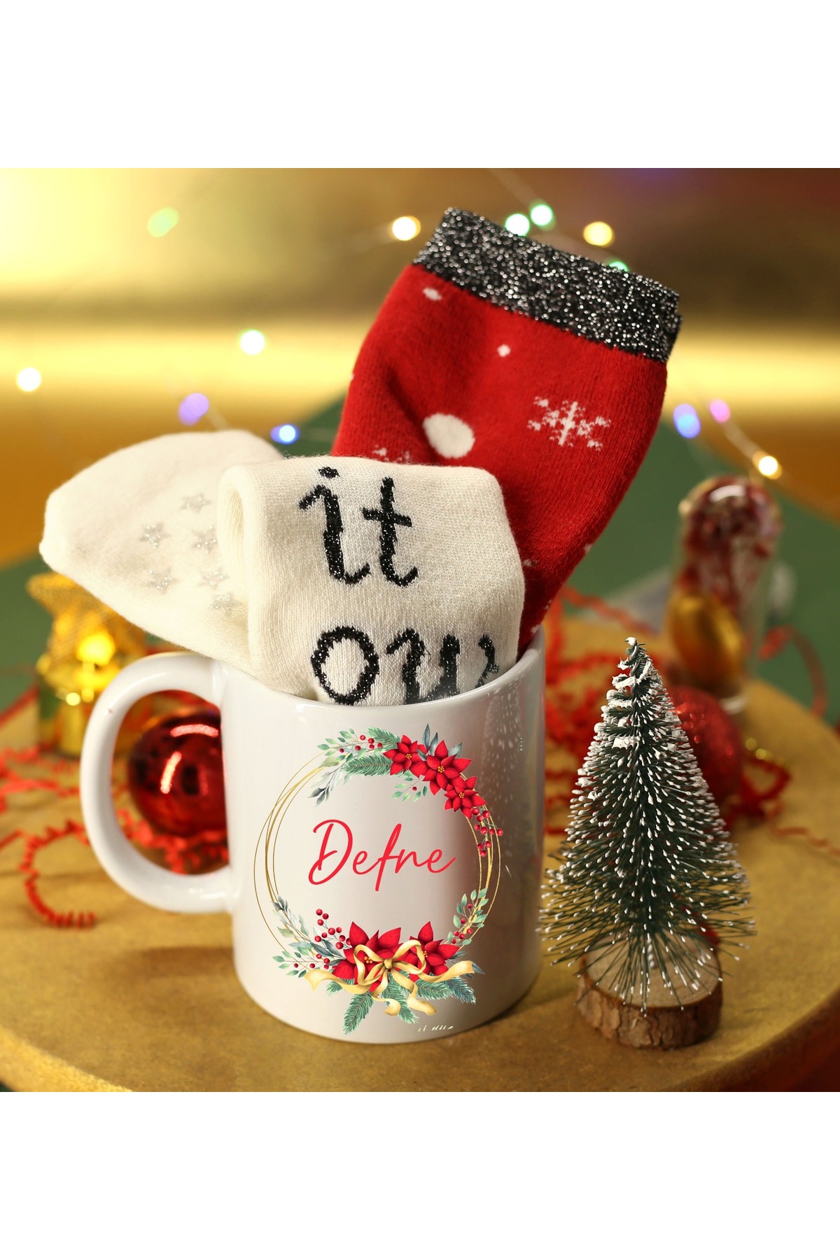 NEW YEAR'S SPECIAL Personalized Printed Mug & New Year's Themed Sock & Christmas Tree Gift Set