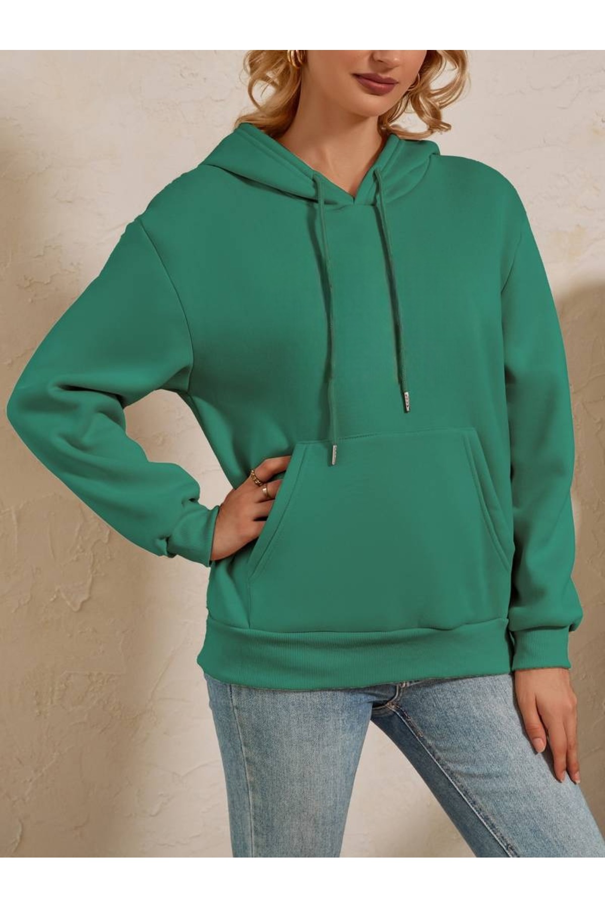 Slim Fit Pamuklu Yeşil Kapüşonlu Sweatshirt