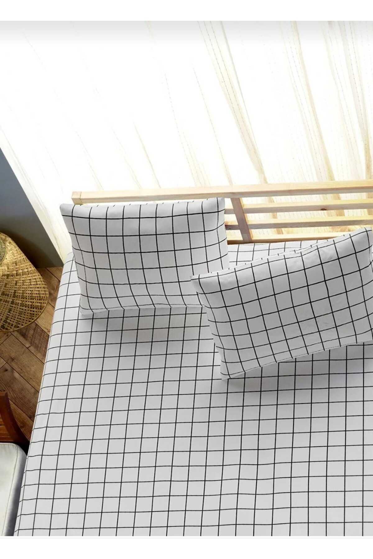 MORRİVAL-SINGLE WHITE CHECKED ELASTIC SHEET SET, WHITE 120 X 200 +35 CM HEIGHT WITH 2 PILLOW CASES 3