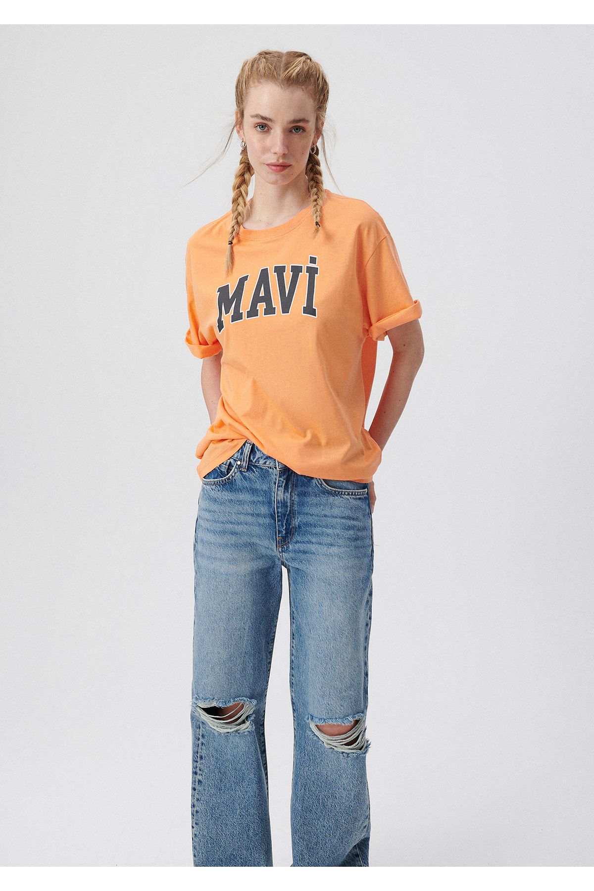 Mavi تی شرت با چاپ لوگو نارنجی سایز بزرگ / برش عریض 1600843-71406