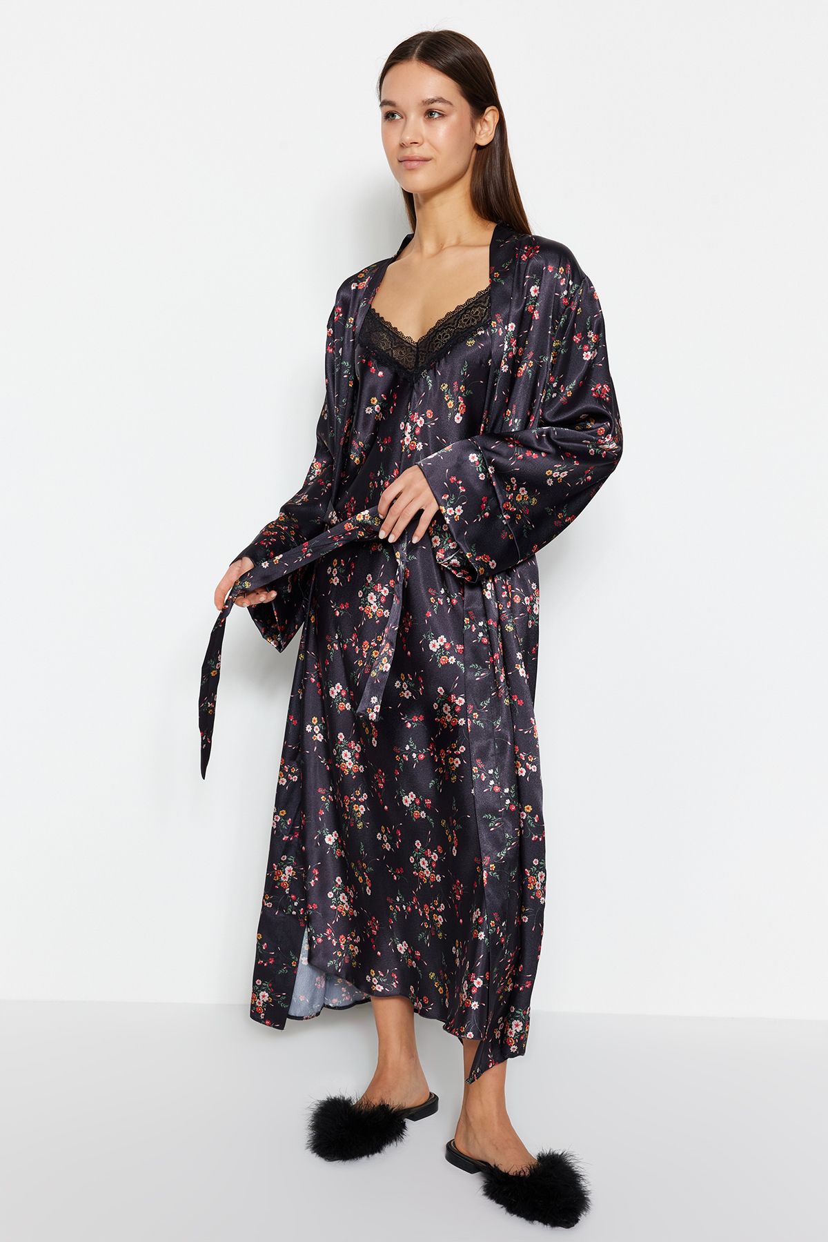 Floral satin store dressing gown